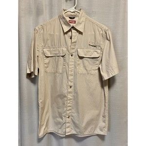 WRANGLER Mens Size Small Beige Fishing Outdoor Shirt Short Sleeve Cotton Button